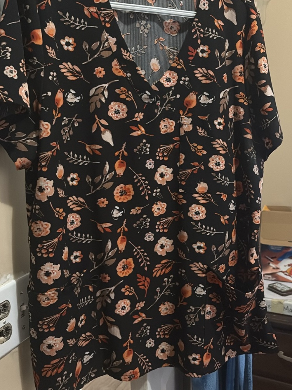 Black Floral V-Neck Scrub Top with Peach & Cream Flowers